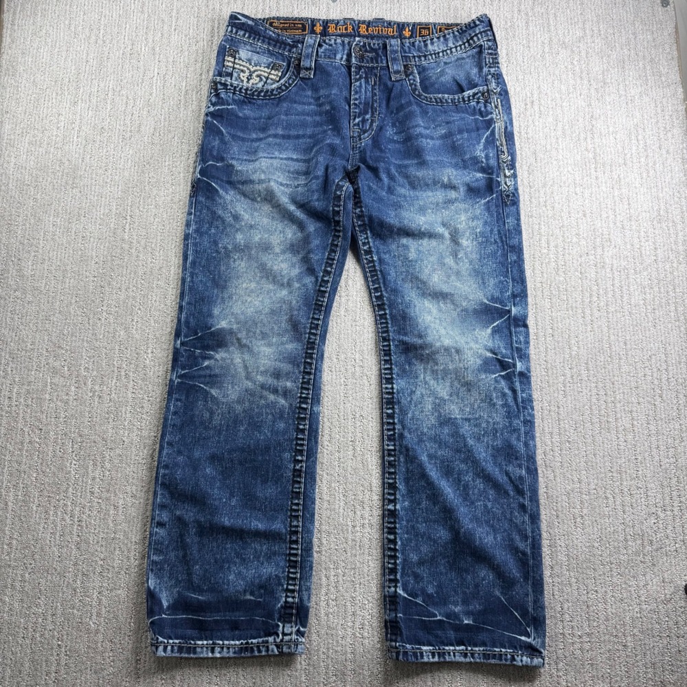 Rock Revival Demetry Slim Straight Blue Jeans Mens Size 36 Distressed Denim